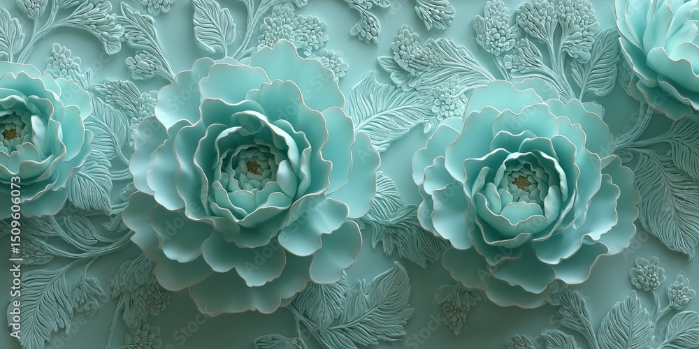 Poster embossed turquoise flowers with intricate detailing on a textured background.