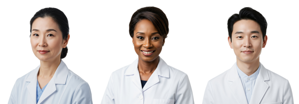 Diverse team of medical professionals, an Asian woman, a Black woman, and an Asian man, smiling confidently in white lab coats against a transparent background. Healthcare experts and scientists.