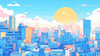 現実と仮想の境界を漂うデジタル都市｜淡いグラデーションの空に沈む巨大な太陽とビル群が織りなす、ノスタルジックな近未来の風景イラスト