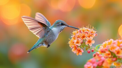 Obraz premium Hummingbird in flight, feeding on flowers (1)