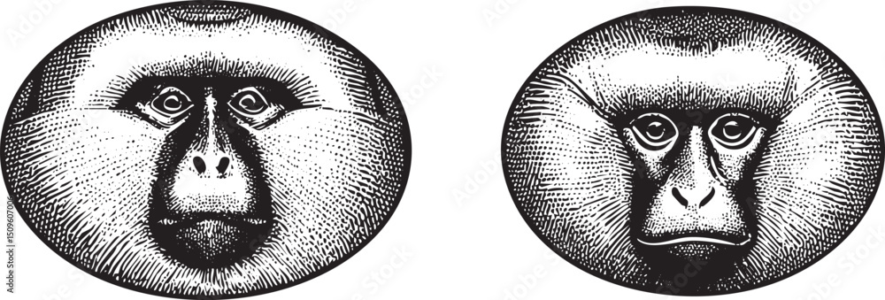 Poster two primate faces are displayed in circular forms.