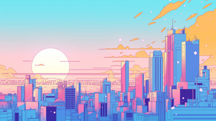 パステルカラーの空と太陽に照らされた幾何学的な都市風景｜1980年代レトロポップな色彩で表現されたSF都市イラスト｜近未来の建築群と透明感のある空気感