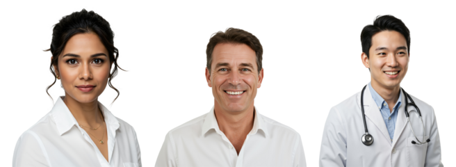 Portraits of three diverse professionals smiling: a young Indian woman, a mature Caucasian man, and a young Asian male doctor. Professional headshots on transparent background.