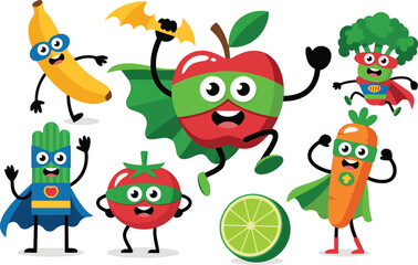 "Funny cartoon superhero fruits and vegetables characters with masks and capes isolated on white background, healthy food superheroes"






flat vector illustration