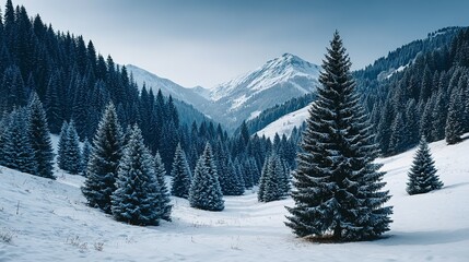 Fototapeta premium Snowy fir trees in a mountain valley.