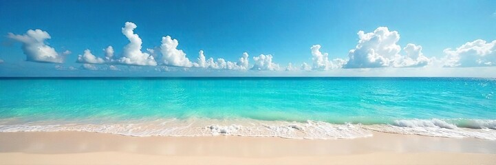 Fototapeta premium Sun-drenched beach, turquoise water laps gently at the shore Golden sand stretches out, meeting a vibrant blue sky dotted with fluffy white clouds Perfect summer escape , landscape, sky