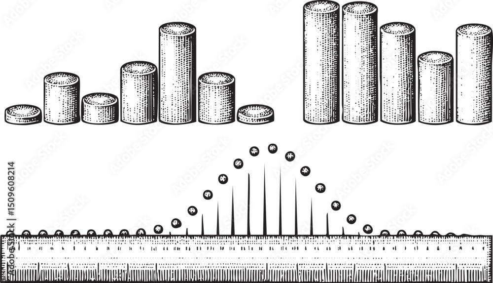 Aufkleber several cylindrical objects of varying heights are arranged with coins and a ruler.