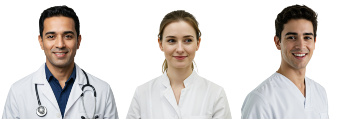 Diverse group of medical professionals, including a male doctor with a stethoscope, a female doctor, and a male nurse, smiling confidently against a transparent background.