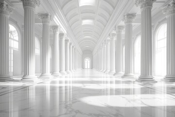 A grand, colonnaded hall with polished marble flooring.