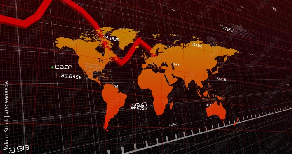 Poster red graph line entering grid and oscillating across map updating labels visualizing global trends