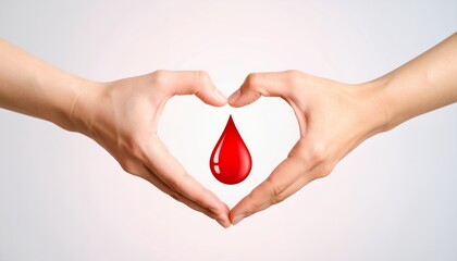 Support blood donation awareness with this image showing hands in a heart shape and a blood drop symbolizing giving and saving lives.