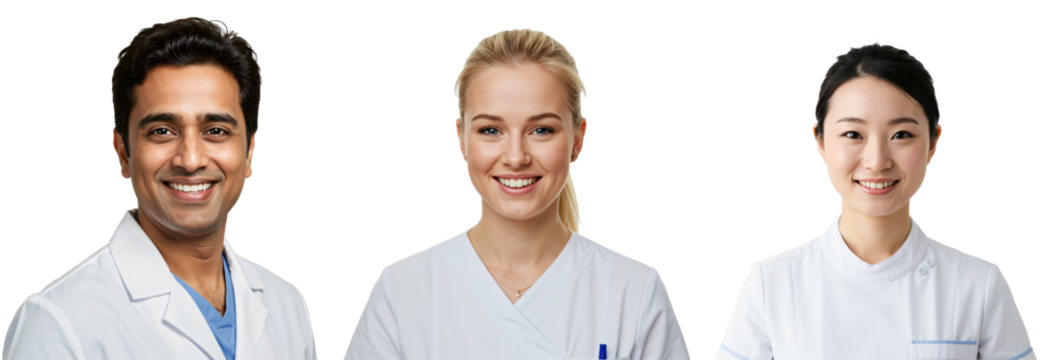 Diverse team of smiling medical professionals, Indian male doctor and Caucasian and Asian female nurses, isolated on transparent background. Healthcare workers in uniform, portraits.