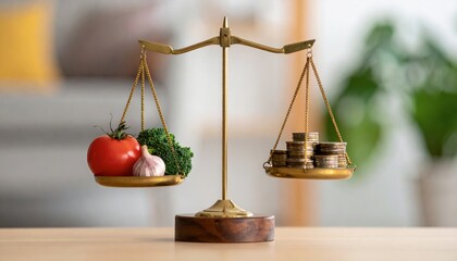 Scale with a tomato broccoli garlic and coins, ideal for health and budgeting concepts in food blogs or finance articles.