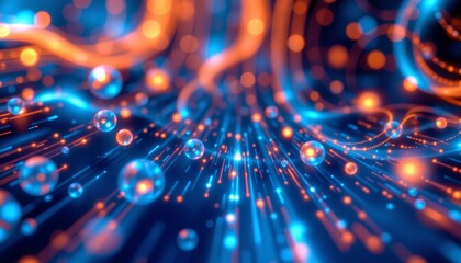 abstract blue background with glowing lines and dots puter generated graphics, subject positioned at the bottom with ample copy space at the top for photo use.