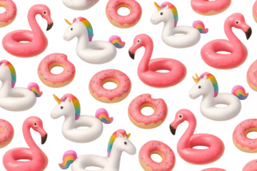Colorful summer pattern featuring inflatable flamingo and unicorn pool floats with rainbow details, intermingled with pink sprinkled donuts against transparent backdrop