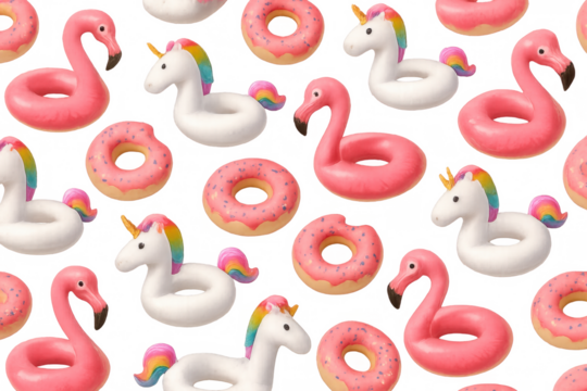 Colorful summer pattern featuring inflatable flamingo and unicorn pool floats with rainbow details, intermingled with pink sprinkled donuts against transparent backdrop