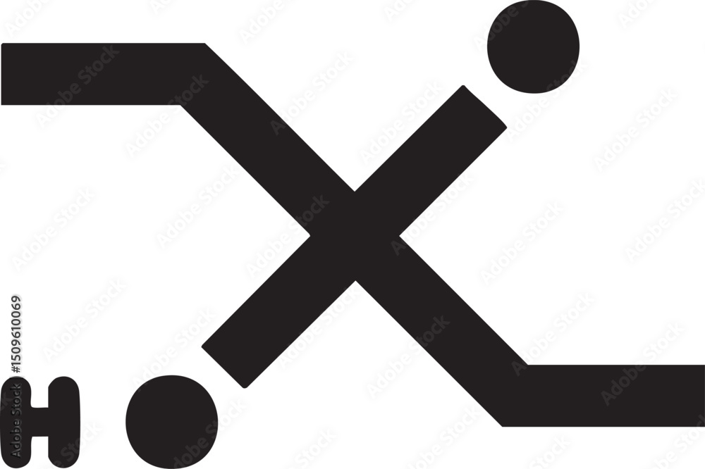 Poster two intersecting black lines form an ‘x’ shape with two white circular dots.