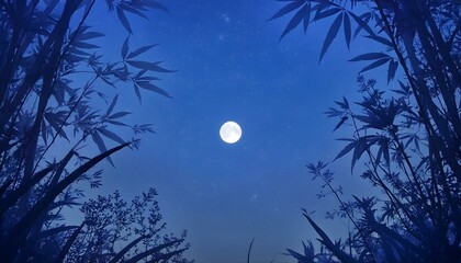 Night sky with a full moon and stars, surrounded by bamboo leaves and trees , blue color palette, dreamy atmosphere, nature scene 