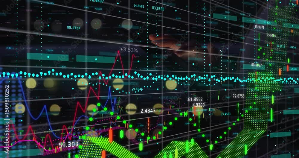 Poster hovering hands guiding grid, spawning data elements, transforming ribbon into arrow showing growth