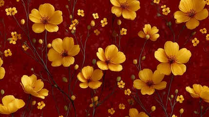 Floral pattern with yellow flowers on a deep red background.