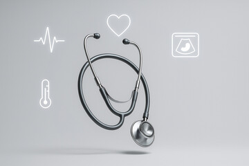 Floating stethoscope encircled by glowing medical icons—heartbeat line, heart outline, thermometer, and ultrasound symbol - Generative AI 