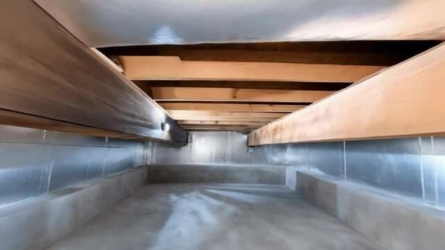Interior view of a finished basement with concrete floors, insulated walls, wooden beams and added ceiling insulation