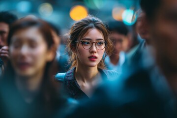 Fototapeta premium Blurred photo of business people in motion, a young Asian woman with glasses standing out from the crowd, a busy street background
