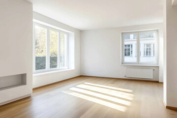 Obraz premium Bright and modern empty living room with large windows and natural sunlight shining across wooden floor