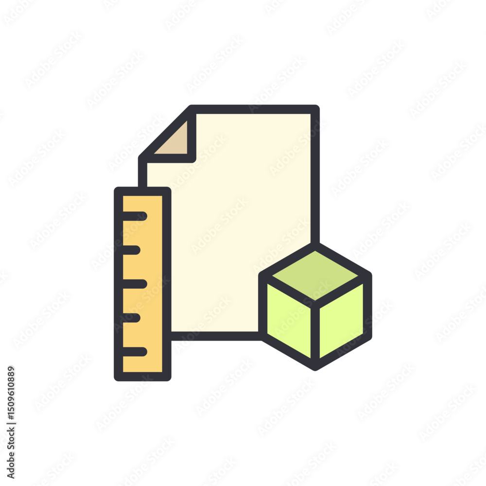Poster isometric design with ruler paper and cube on transparent canvas