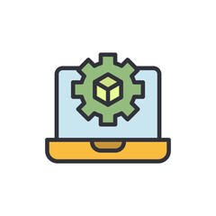 Laptop Displaying A Gear With Cube, Technology Symbol On Transparent