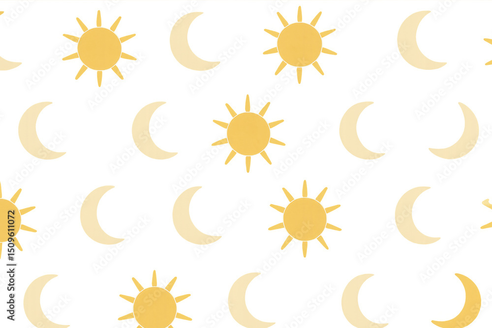 Poster simple repeating pattern of stylized suns and moons creating a celestial design on a transparent bac