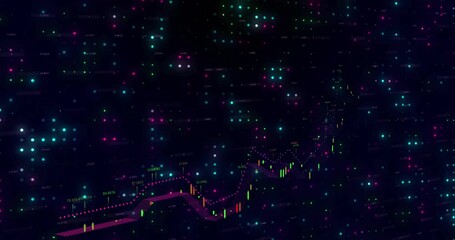 Upon data stream starting, neon line chart rising with candlesticks showing market growth visually