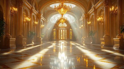 Grand opulent hallway with golden accents, sunlight streaming through arched doorways