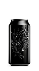 Sleek black beverage can featuring an embossed, flame-like, feather design