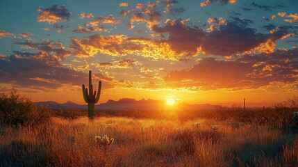 Fototapeta premium Dramatic desert sunset with saguaro cactus