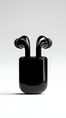 Sleek black wireless earbuds nestled in a matching compact charging case, set against a minimalist white background