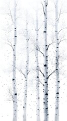 Slender, snow-laden birch trees stand tall against a bright white background, delicate branches and falling snow creating a serene winter scene