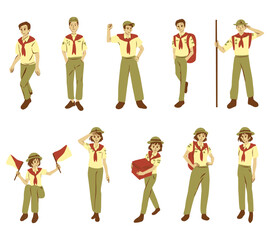 A character illustration set featuring senior scouts in uniform with various poses and activities, perfect for scouting, education, and adventure themed designs.