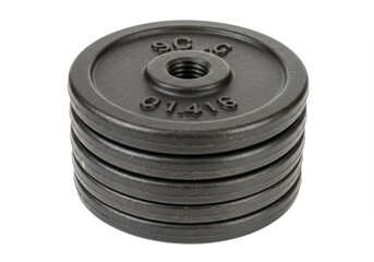 A stack of five weight plates resting on a plain white background studio shot