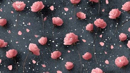 Pattern of pink roses against a dark background with scattered petals.