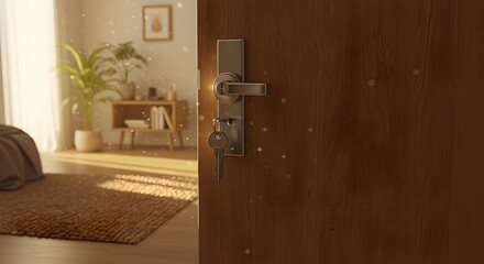 Open wooden door, key in lock, morning light shines inside.
