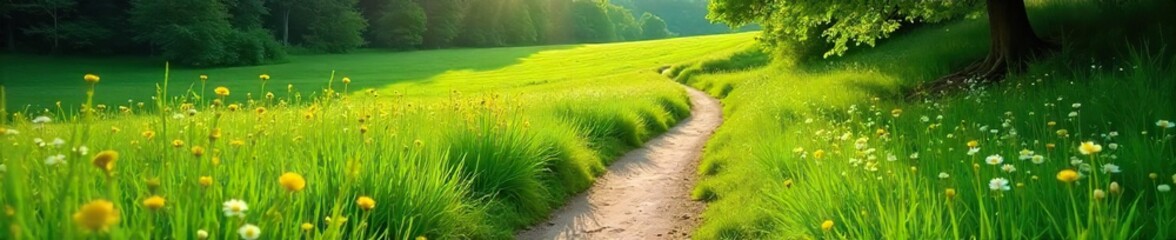 A winding path through a lush green meadow, symbolizing the diverse journeys and experiences of families , exploration, direction