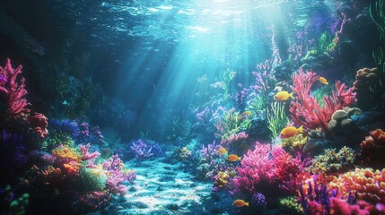 Obraz premium Vibrant coral reef scene with sunlight illuminating the underwater world.