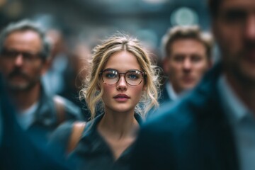 Obraz premium Blurred photo of business people in motion, a young blonde woman with glasses standing out from the crowd, a busy street background