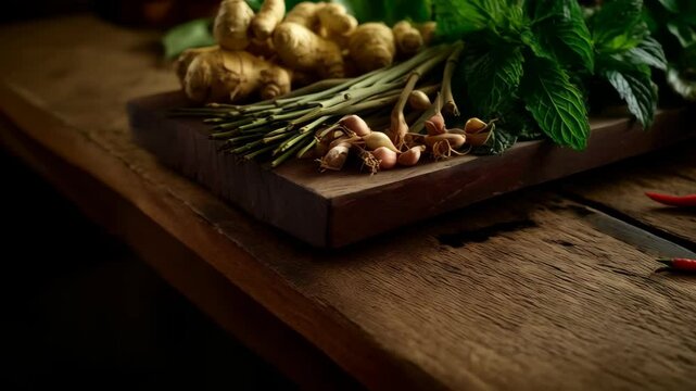 Fresh ginger, mint, chili peppers and galangal herbs on wooden board and rustic table for cooking in the kitchen