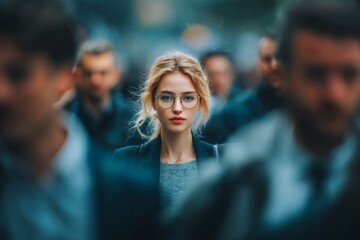 Blurred photo of business people in motion, a young blonde woman with glasses standing out from the crowd, a busy street background