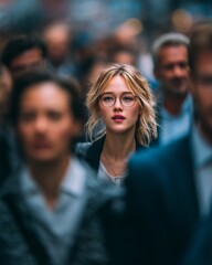 Obraz premium Blurred photo of business people in motion, a young blonde woman with glasses standing out from the crowd, a busy street background