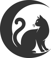 A cute cat sitting on moon black vector animal silhouette drawing