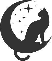A cute cat sitting on moon black vector animal silhouette drawing