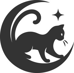 A cute cat sitting on moon black vector animal silhouette drawing
